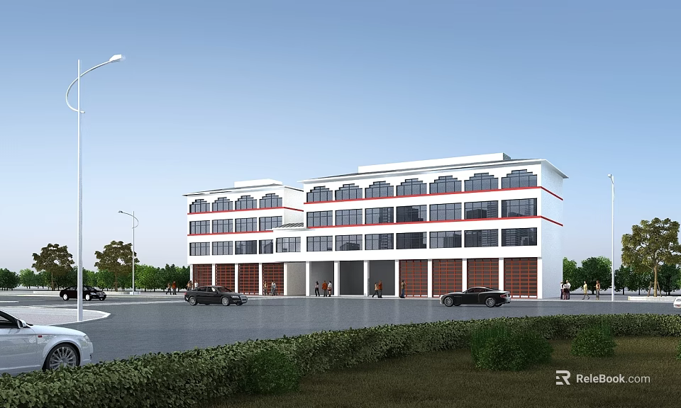 Modern Multi Story Office Building Exterior With Large Glass Windows Main Entrance And Parking Area 3d model 