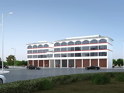 Modern Multi Story Office Building Exterior With Large Glass Windows Main Entrance And Parking Area 3d model