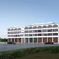 Modern Multi Story Office Building Exterior With Large Glass Windows Main Entrance And Parking Area