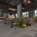 Industrial Style Café with Wooden Furniture Stone Walls Green Plants and Natural Light