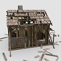 Old Dilapidated Wooden House With Exposed Frame And Scattered Wooden Planks