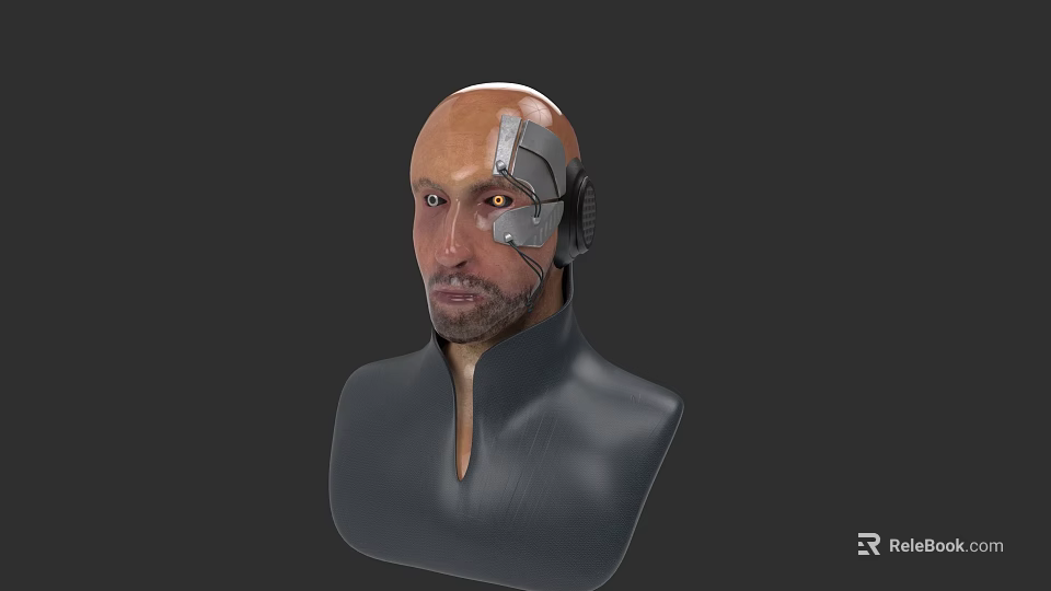 Game Movie Cyborg Character With Mechanical Head And Dark Suit In Black Background 3d model 