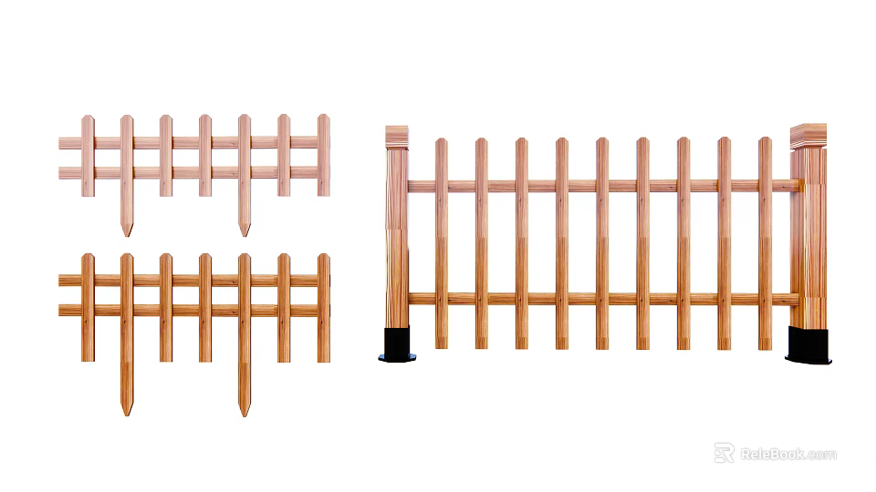 Wooden Fence with Various Styles and Posts for Garden Outdoor Decoration 3d model 