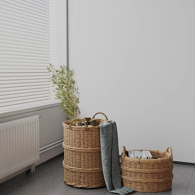 Modern Side Table with Wicker Baskets Plant Gray Towel and Magazines by White Wall Blinds 3d model