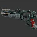 Futuristic Weapon Pistol With Red Grip Metallic Design And Mechanical Details