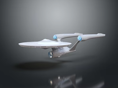 White Streamlined Spaceship With Blue Engines Floating On Gray Background And Reflection 3d model