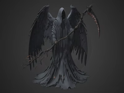 Winged Grim Reaper Figure With Tattered Robe And Scythe In Dark Fantasy Design 3d model