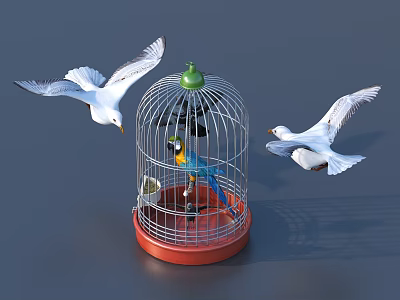 Two Flying Seagulls Circling Around Birdcage With Colorful Parrot Inside 3d model