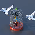 Two Flying Seagulls Circling Around Birdcage With Colorful Parrot Inside