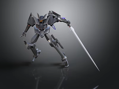 Gray Mecha Robot Figure With Long Sword And Blue Accents 3D Render 3d model