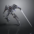 Gray Mecha Robot Figure With Long Sword And Blue Accents 3D Render