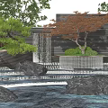 Scenic Wall with Waterfall Rocks Trees and Reflective Water Pond 3d model