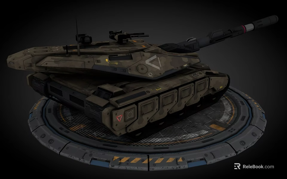 Modern Military Armored Tank With Camouflage Turret Cannon And Tracks On Display Platform 3d model 