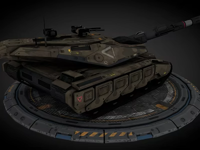 Modern Military Armored Tank With Camouflage Turret Cannon And Tracks On Display Platform 3d model