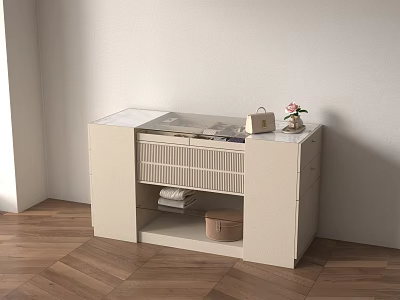 Light Colored Island Cabinet With Marble Countertop Handbag Flower Towels Below On Wooden Floor 3d model