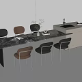 Long Table And Chair Set With Marble Countertop Black Brown Chairs Cabinet Sink Plants Cups