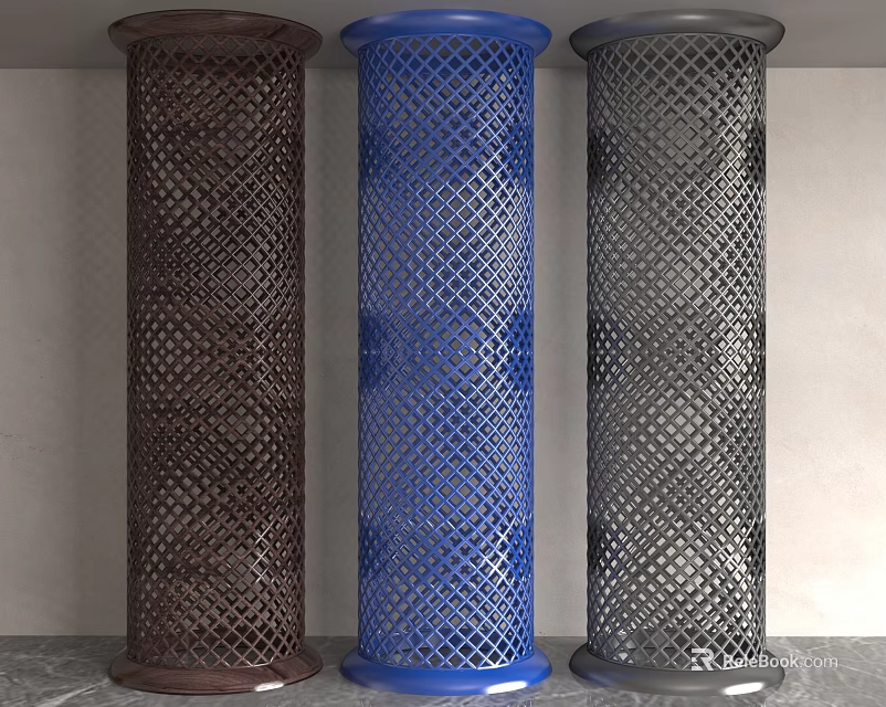 Stylish Brown Blue and Gray Decorative Columns with Perforated Lattice Patterns 3d model 