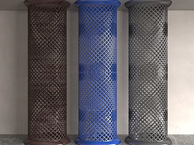 Stylish Brown Blue and Gray Decorative Columns with Perforated Lattice Patterns 3d model