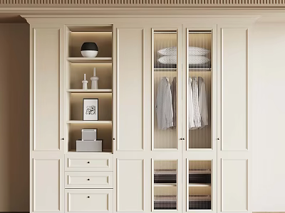 White Wardrobe With Glass Doors And Clothes Storage With Decorative Items 3d model