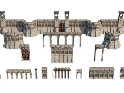 Historic Building Facade Design with Medieval Towers Arches and Stone Components 3d model
