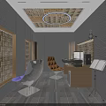 Modern Music Workspace With Ergonomic Chair Desk Floor Lamp And Carpet Ceiling Light