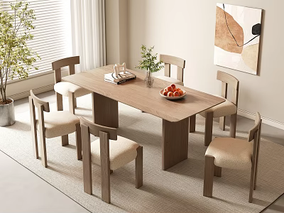 Modern Minimalist Dining Room With Wooden Dining Table Six Chairs Green Plant And Wall Painting 3d model