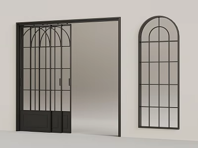 Minimalist Sliding Door With Black Metal Grille And Arched Window On White Wall 3d model