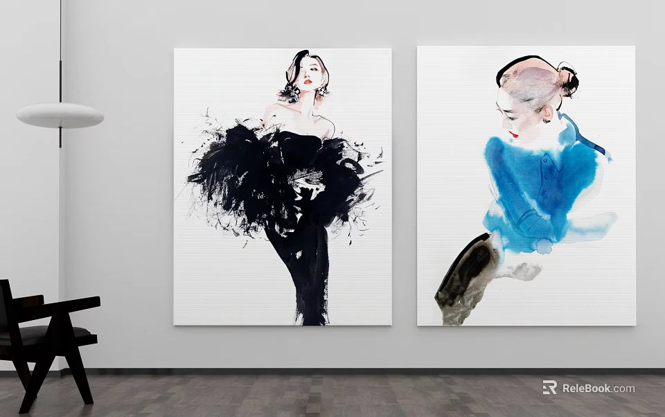 Two Female Portrait Paintings in Watercolor Style for Home Wall Decor 3d model 