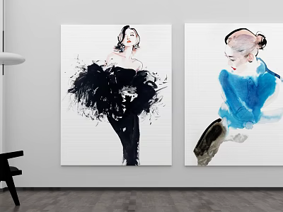 Two Female Portrait Paintings in Watercolor Style for Home Wall Decor 3d model