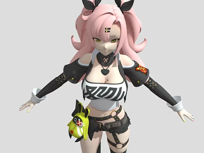 Woman With Pink Hair And Rabbit Ears In Black White Outfit With Yellow Waist Accessory 3d model