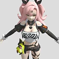 Woman With Pink Hair And Rabbit Ears In Black White Outfit With Yellow Waist Accessory