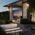 Garden Landscape Design with Courtyard Stone Pathway Green Plants Seating and Lanterns