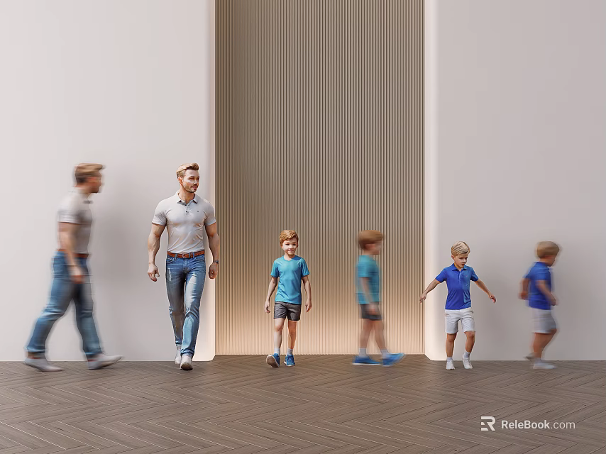 Multiple People Walking Together In Indoor Corridor With Herringbone Wooden Floor And Vertical Panel Walls 3d model 