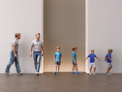 Multiple People Walking Together In Indoor Corridor With Herringbone Wooden Floor And Vertical Panel Walls 3d model