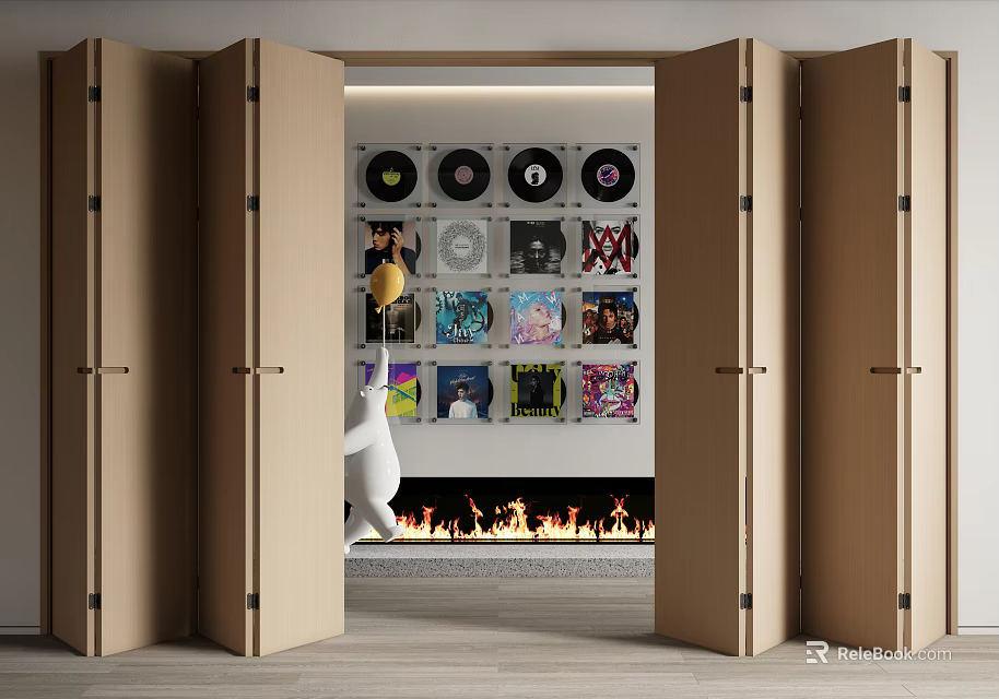 Open Folding Doors in Interior with Wall Mounted Vinyl Records and Fireplace Decor 3d model 