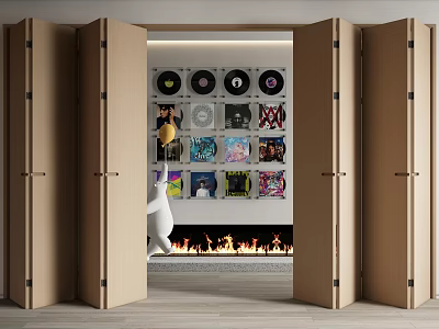Open Folding Doors in Interior with Wall Mounted Vinyl Records and Fireplace Decor 3d model