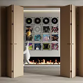 Open Folding Doors in Interior with Wall Mounted Vinyl Records and Fireplace Decor