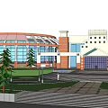 Modern Architectural Complex Featuring Circular Building Multi Story Structure And Landscaped Plaza Walkways