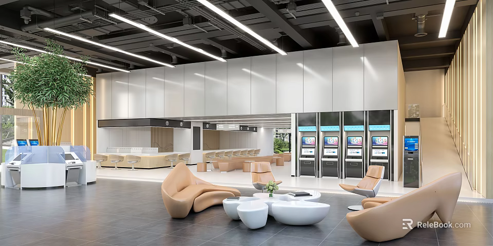 Modern Service Hall Interior with Linear Ceiling Lights Reception Desk Self-Service Kiosks and Comfortable Seating 3d model 