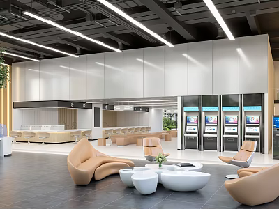 Modern Service Hall Interior with Linear Ceiling Lights Reception Desk Self-Service Kiosks and Comfortable Seating 3d model
