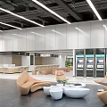 Modern Service Hall Interior with Linear Ceiling Lights Reception Desk Self-Service Kiosks and Comfortable Seating