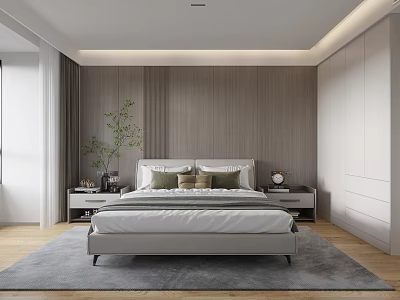 Modern Minimalist Bedroom With Wooden Accent Wall Nightstands Green Plant And Gray Rug 3d model
