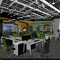 Modern Public Office Space With Open Layout Green Chairs White Desks Computers And Hanging Lights
