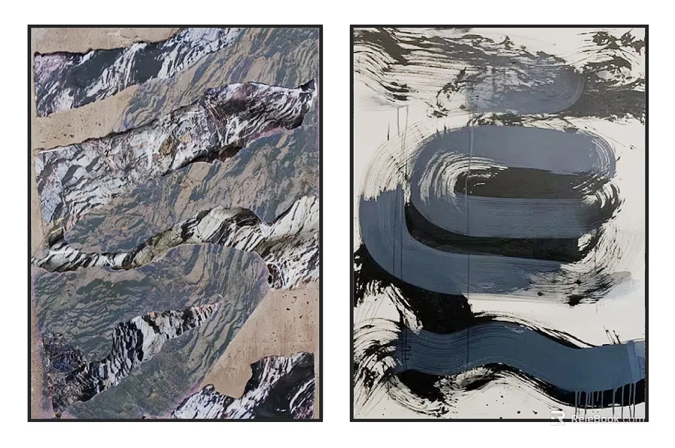 Abstract Art Paintings With Textured Landscapes Curved Brush Strokes And Gray White Black Tones 3d model 