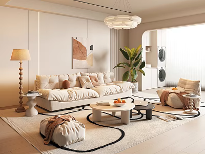 Modern Cozy Living Room Interior With Beige Sofa Floor Lamp Wall Art And Indoor Plant 3d model