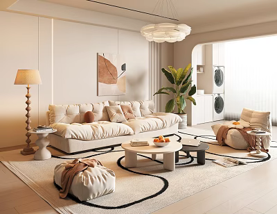 Modern Cozy Living Room Interior With Beige Sofa Floor Lamp Wall Art And Indoor Plant 3d model