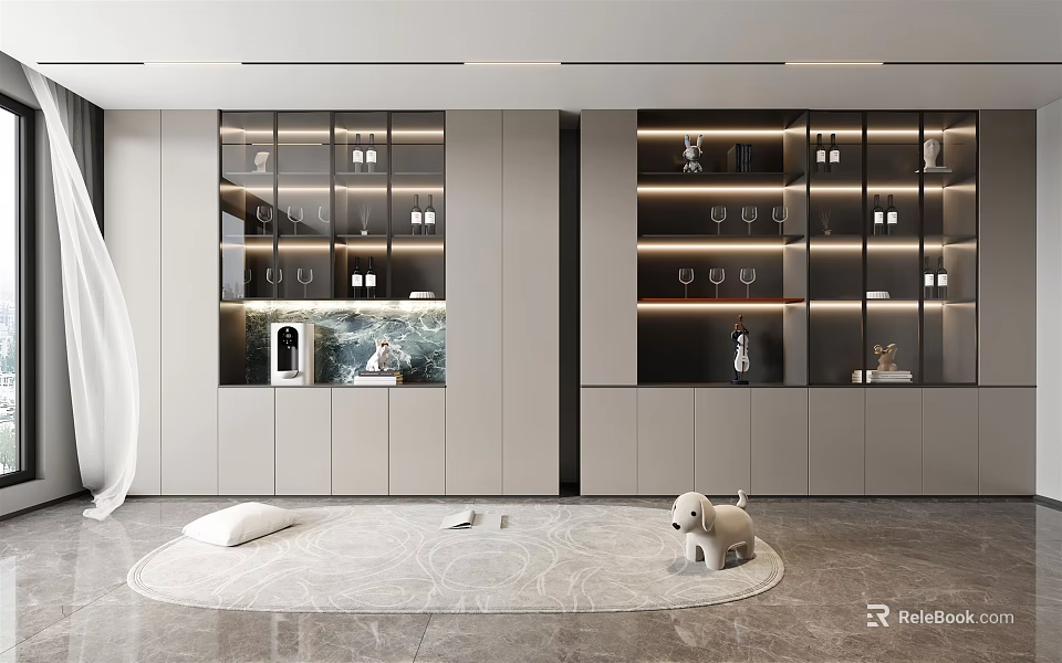 Modern Wine Cabinet With Glass Shelves And Interior Lighting In Living Room 3d model 