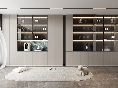 Modern Wine Cabinet With Glass Shelves And Interior Lighting In Living Room 3d model