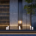 Modern Building Facade Featuring Stone Walls Grille Panels Ceiling Lights And Central Water Feature