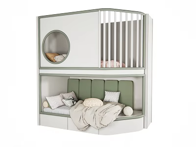 Modern Bunk Bed Design With Circular Window Green Cushions And Soft Blanket 3d model